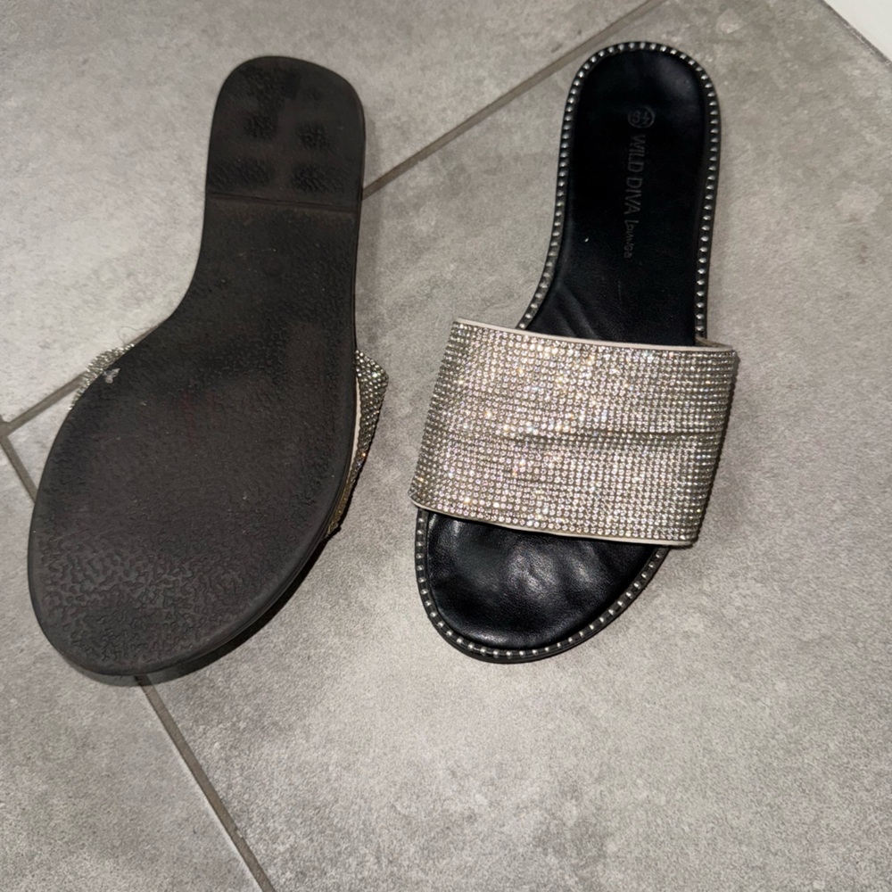 Sparkling Rhinestone Flat Slide Sandals Silver/black 6.5 - Picture 9 of 10